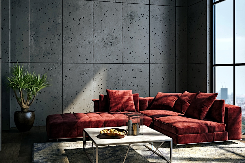 Maroon Sofa in Gray Room