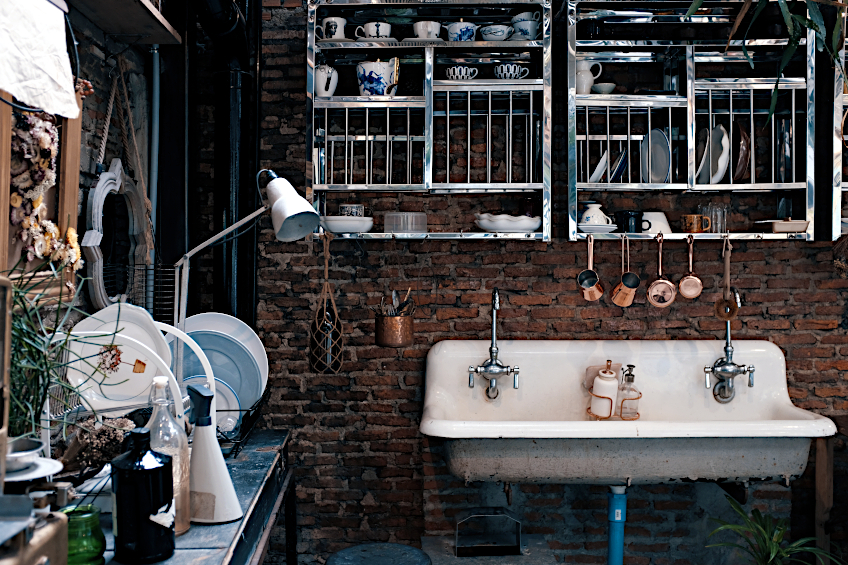 Metal Sink and Shelving in Industrial Interior