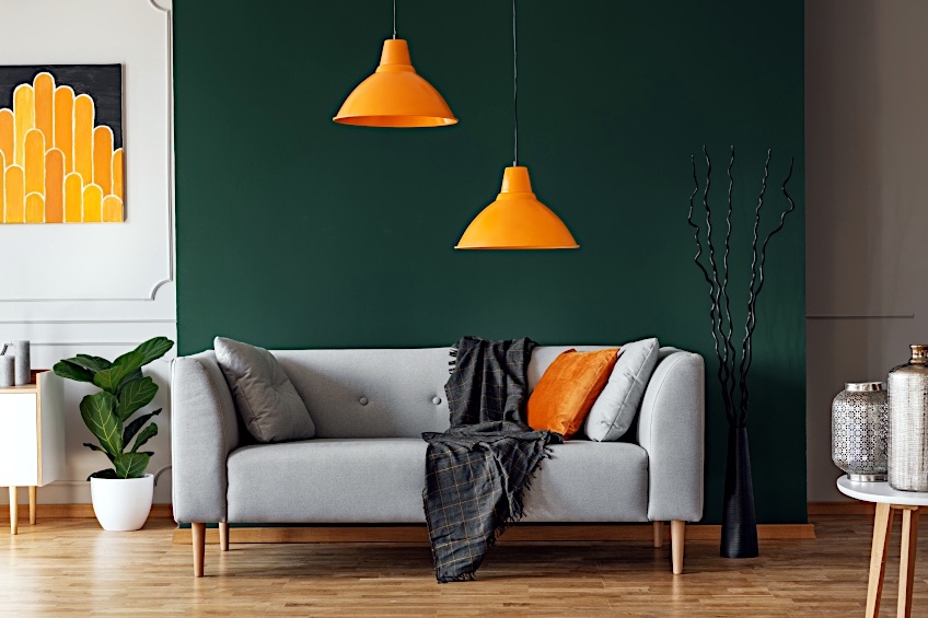 Gray Sofa with Dark Green and Orange