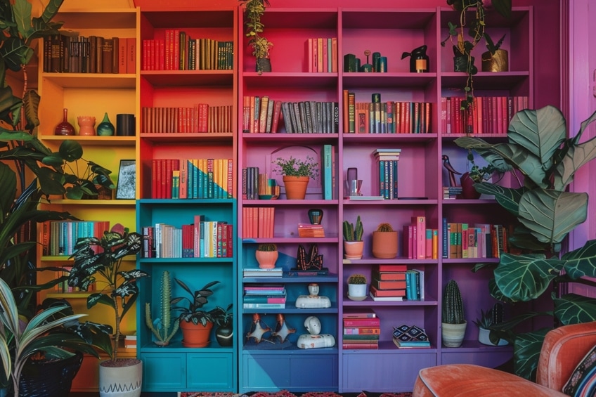 color coded bookshelf decor