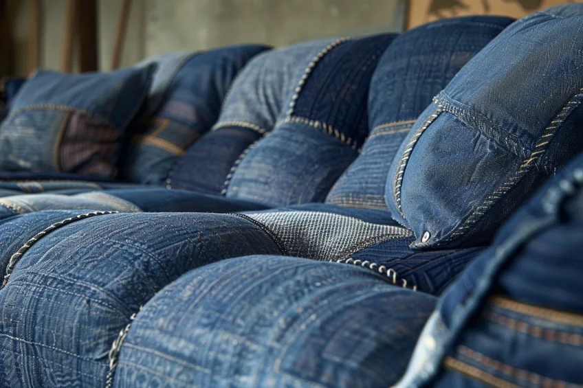 denim material on couch
