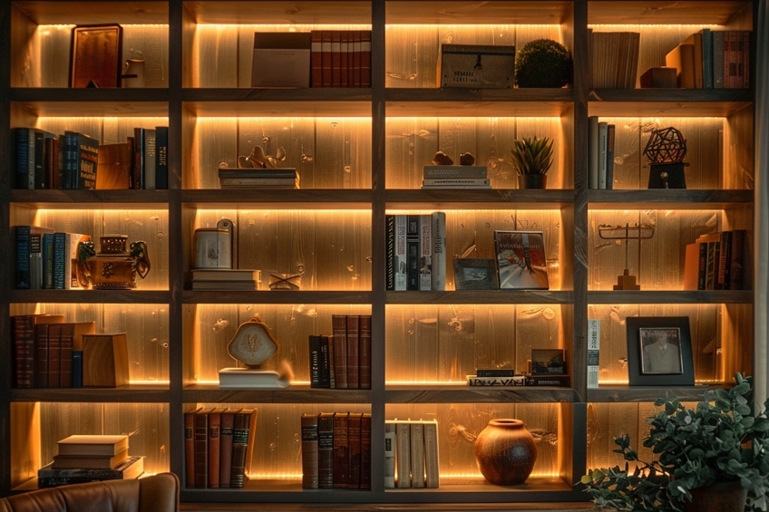 layered lighting bookshelf decor
