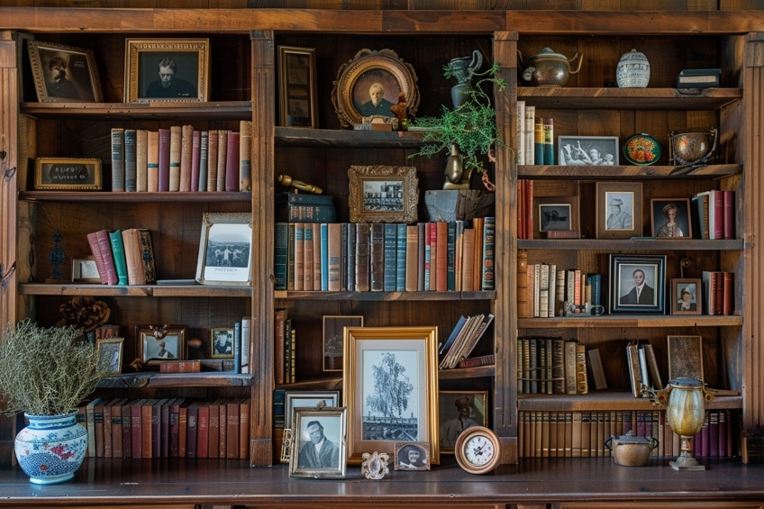 memorabilia bookshelf decor