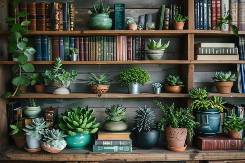 potted bookshelf decor