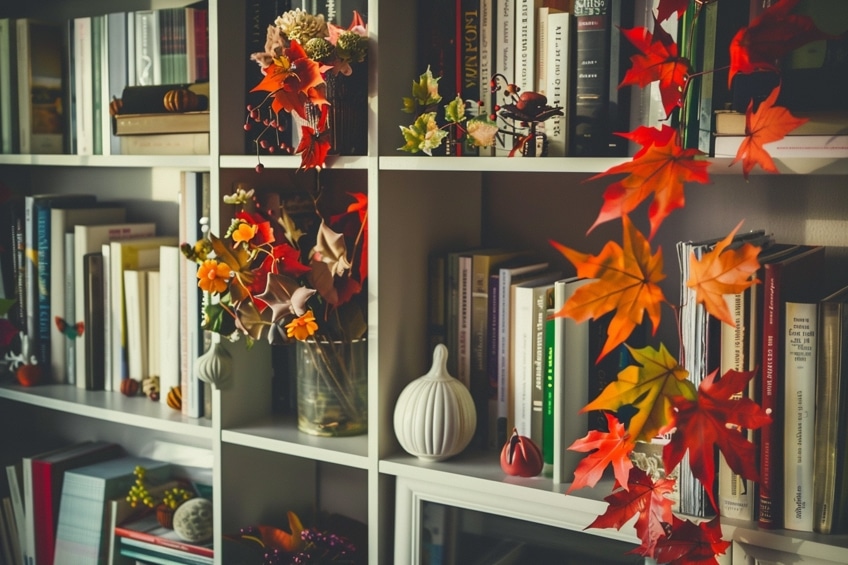 seasonal bookshelf decor
