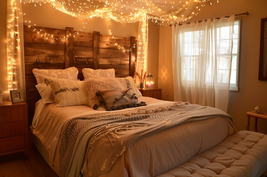 string lights bed wall decor