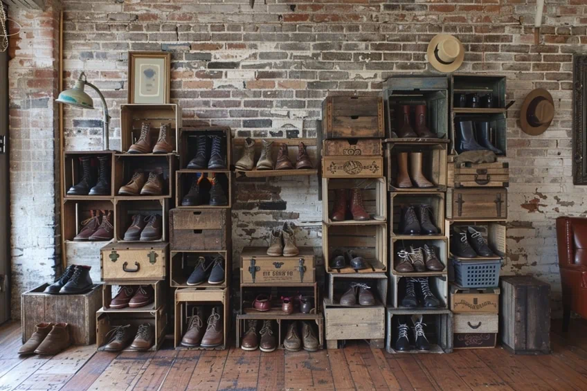 vintage crate shoe storage